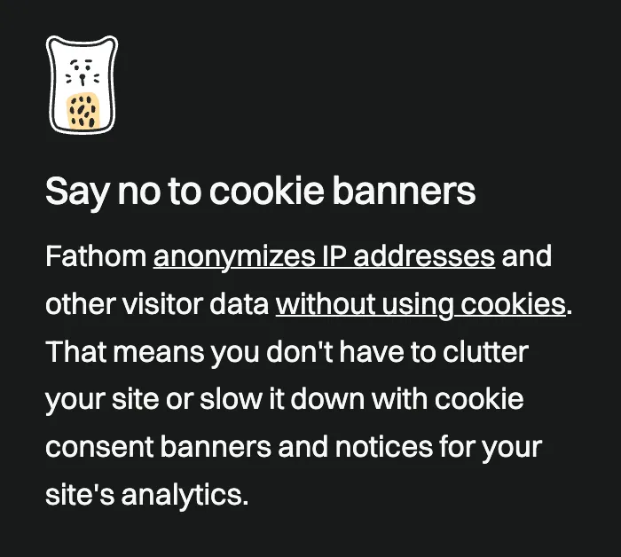 Screenshot of Fathom's claim to not need cookie banners