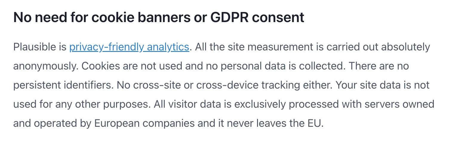 Screenshot of Plausible's claim to not need cookie banners